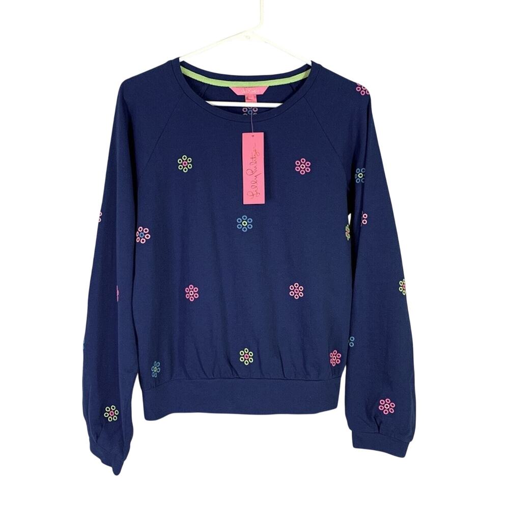 NWT Lilly Pulitzer Landyn Embroidered Floral Lightweight Sweatshirt Cobalt 0864
